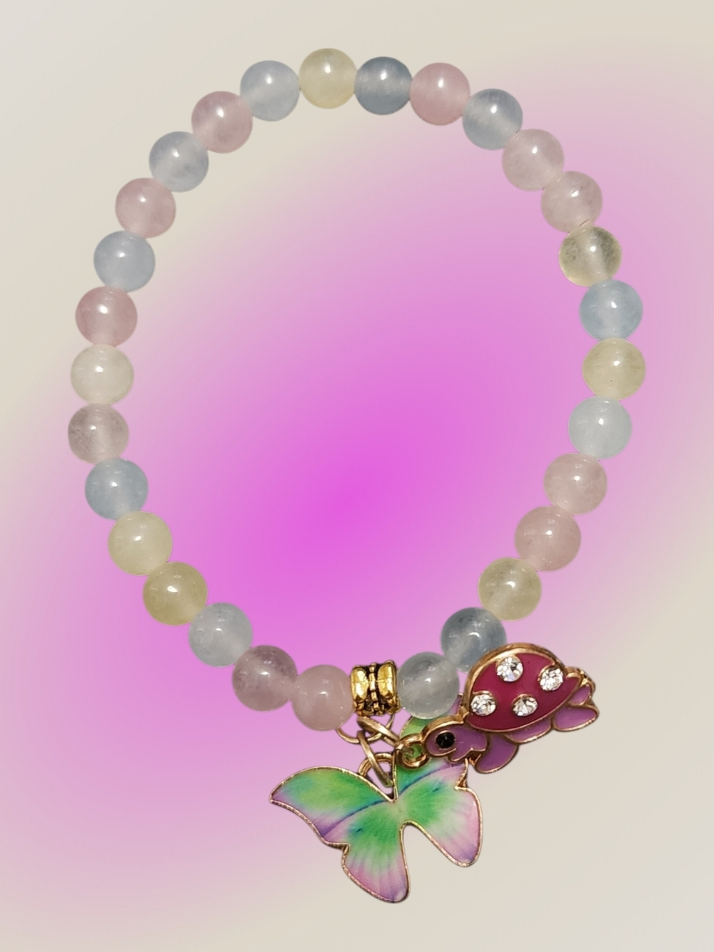 Morganite Beaded Butterfly & Turtle Charm Bracelet - Women Jewelry
